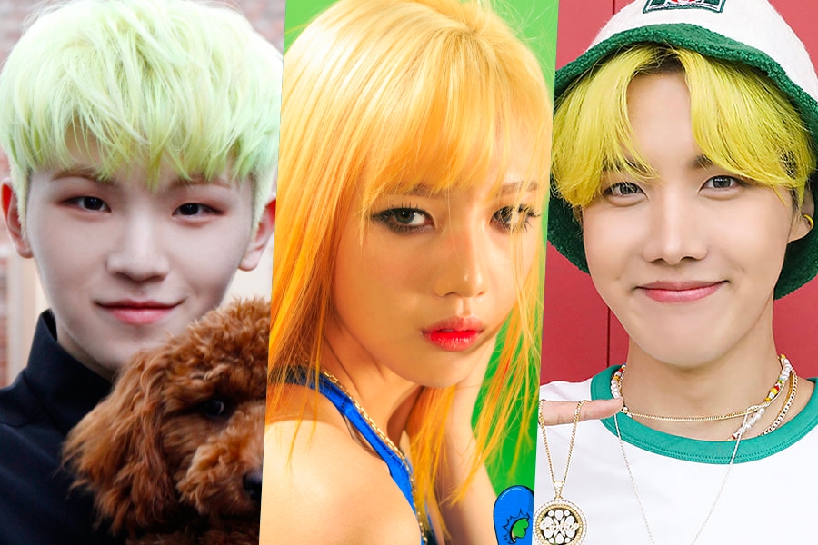 8 位用黄色荧光笔摇动头发的 K-Pop 偶像